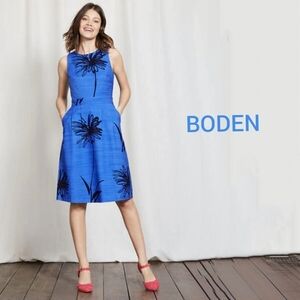 Boden Evelyn Blue Floral Fit & Flare Dress 10L Tall Pockets